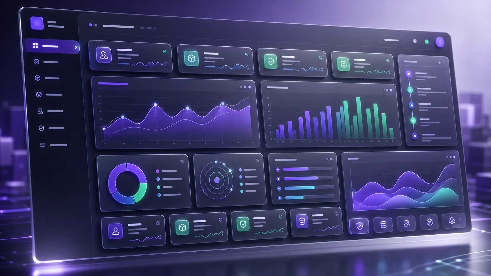 Abstract dashboard workspace with charts, metrics, and operational visual panels